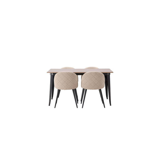 Tempe eethoek tafel okkernoot decor en 4 Velvet stoelen beige.