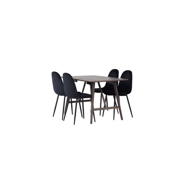Kaseidon eethoek tafel bruin en 4 Polar stoelen zwart.