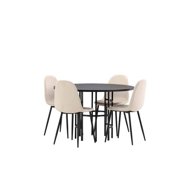 Copenhagen eethoek tafel zwart en 4 Polar stoelen beige.