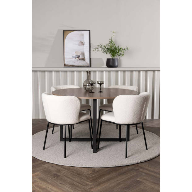 Durango eethoek tafel okkernoot decor en 4 Edina stoelen wit.