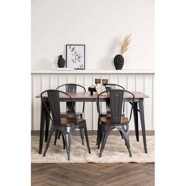 Tempe eethoek tafel okkernoot decor en 4 Montros stoelen zwart.