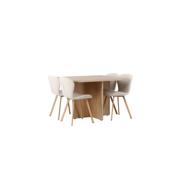 Leo eethoek tafel naturel en 4 Lilja stoelen beige.