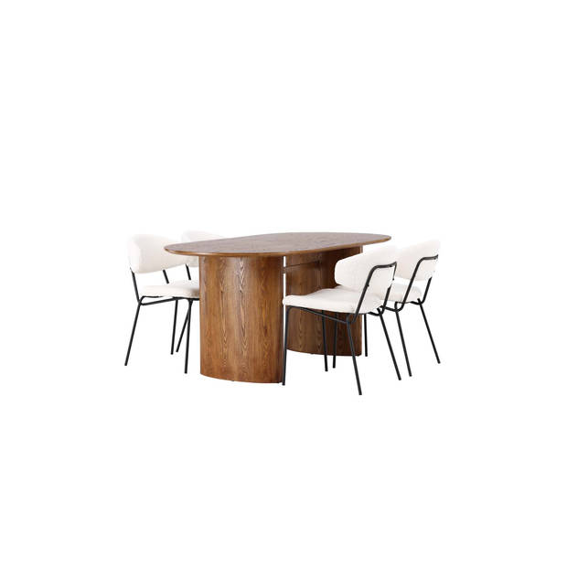 Isolde eethoek tafel naturel en 4 Chico stoelen wit.