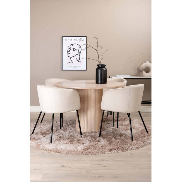 Bianca eethoek tafel whitewash en 4 berit stoelen beige.