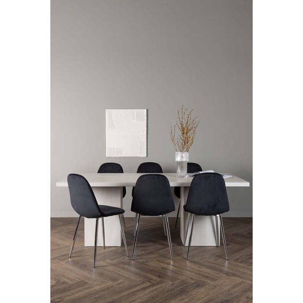 Olga eethoek tafel wit en 6 Polar stoelen zwart.