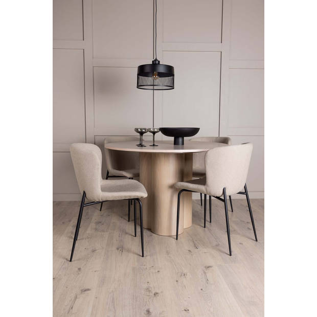 Olivia eethoek tafel whitewash en 4 Modesto stoelen beige.