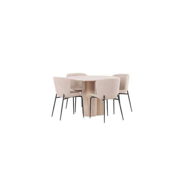 Olivia eethoek tafel whitewash en 4 Modesto stoelen beige.