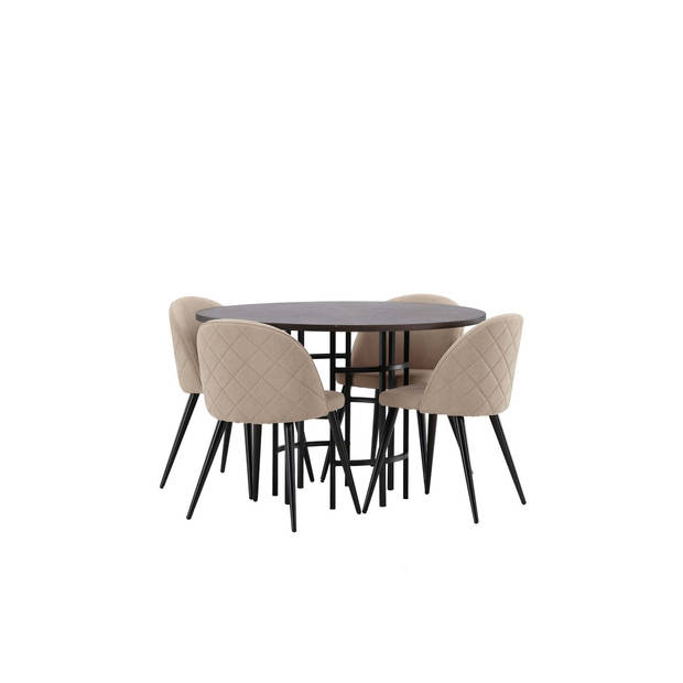 Copenhagen eethoek tafel mokka en 4 Velvet stoelen beige.