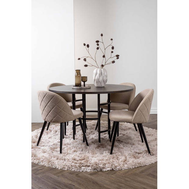 Copenhagen eethoek tafel mokka en 4 Velvet stoelen beige.