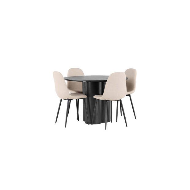 Olivia eethoek tafel zwart en 4 Polar stoelen beige.