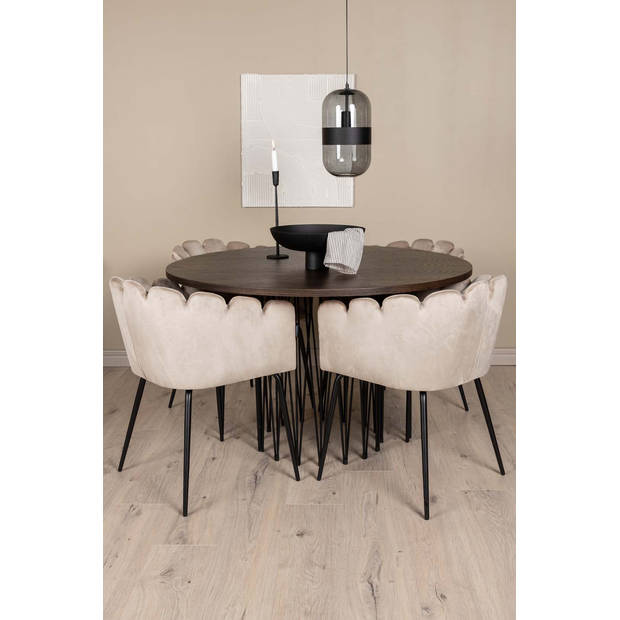 Stone eethoek tafel mokka en 4 Limhamn stoelen beige.