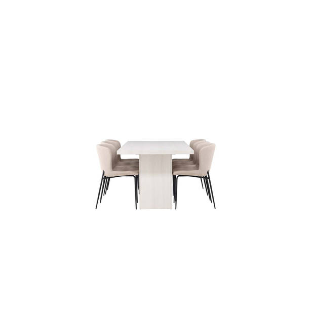 Olga eethoek tafel wit en 6 Modesto stoelen beige.