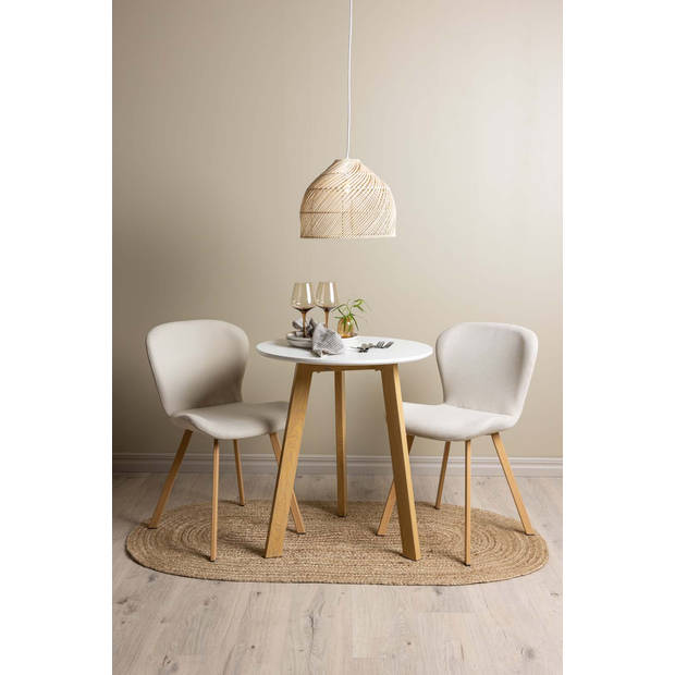 Leonora eethoek tafel wit en 2 Lilja stoelen beige.