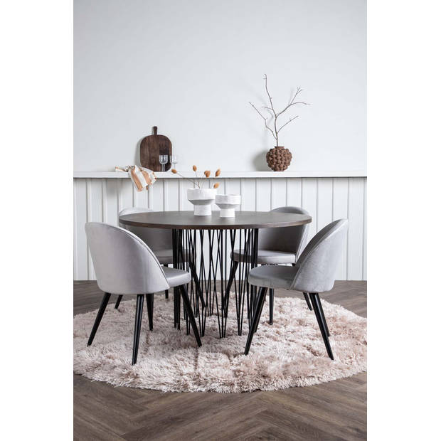 Stone eethoek tafel mokka en 4 Velvet stoelen grijs.