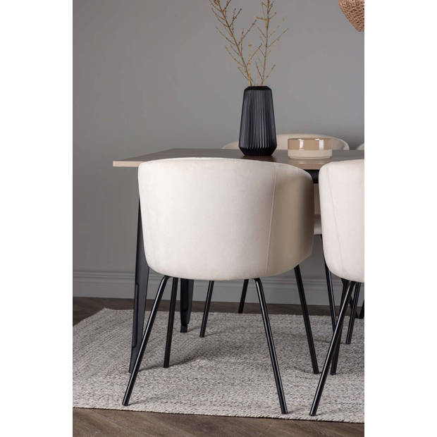 Tempe eethoek tafel okkernoot decor en 4 berit stoelen beige.