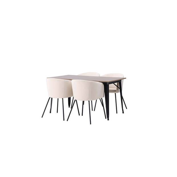 Tempe eethoek tafel okkernoot decor en 4 berit stoelen beige.