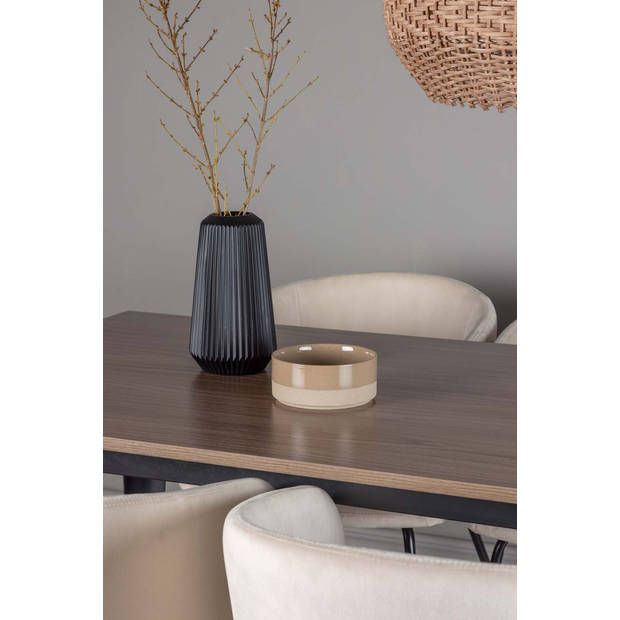 Tempe eethoek tafel okkernoot decor en 4 berit stoelen beige.