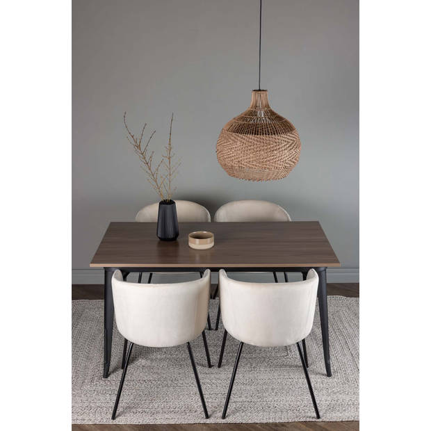 Tempe eethoek tafel okkernoot decor en 4 berit stoelen beige.