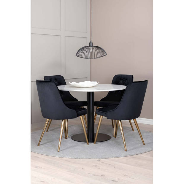 Razzia eethoek tafel wit en 4 Velvet Deluxe stoelen zwart.