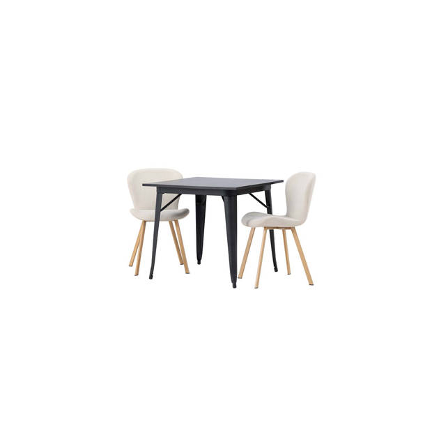 Tempe eethoek tafel zwart en 2 Lilja stoelen beige.