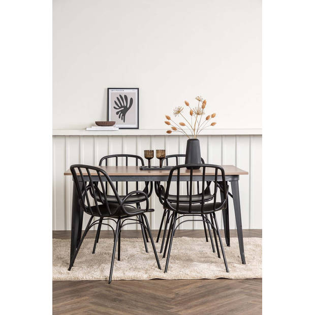 Tempe eethoek tafel okkernoot decor en 4 Crosett stoelen zwart.