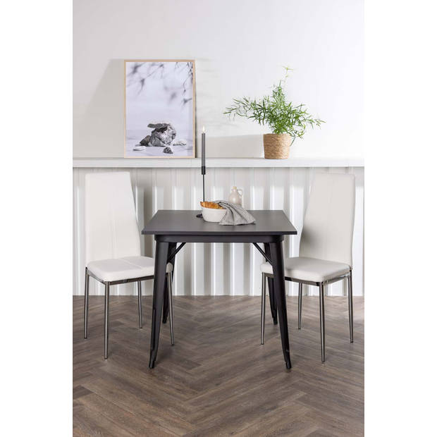 Tempe eethoek tafel zwart en 2 Pastill stoelen wit.