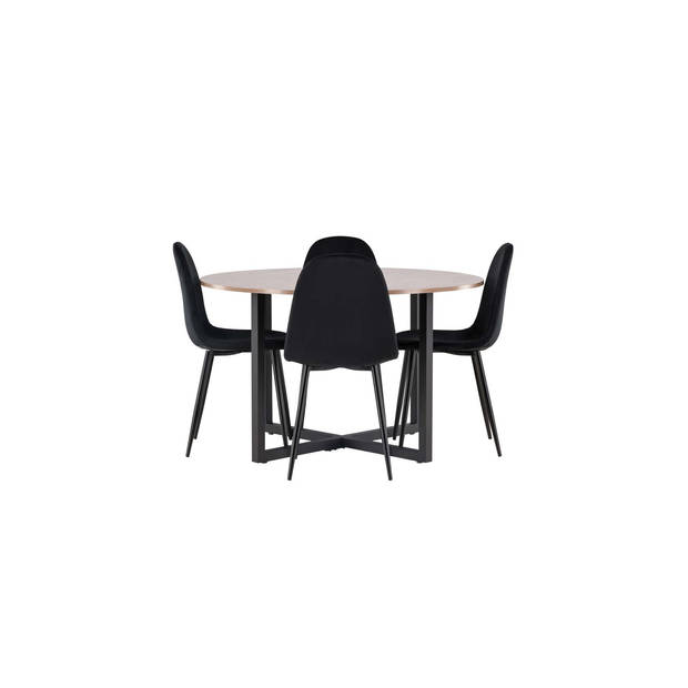 Durango eethoek tafel okkernoot decor en 4 Polar stoelen zwart.