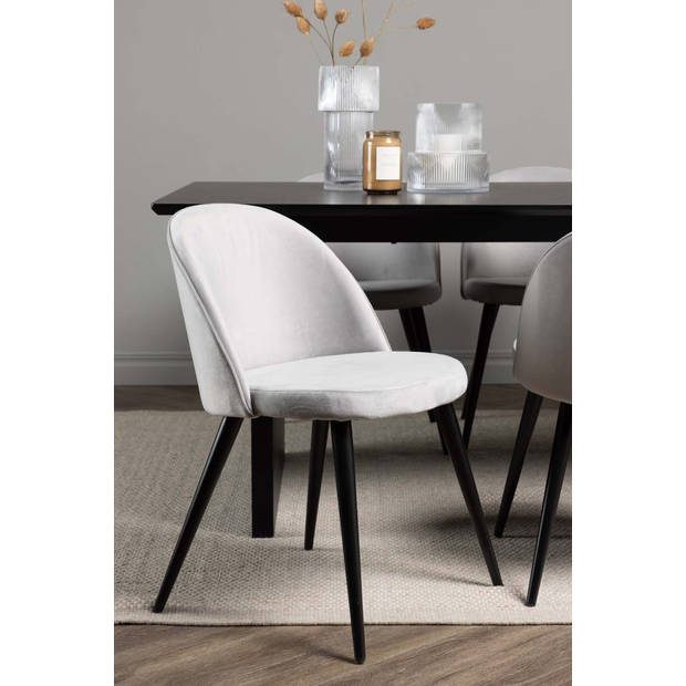 Vail eethoek tafel zwart en 6 Velvet stoelen grijs.