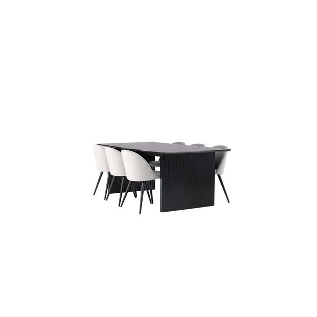 Vail eethoek tafel zwart en 6 Velvet stoelen grijs.