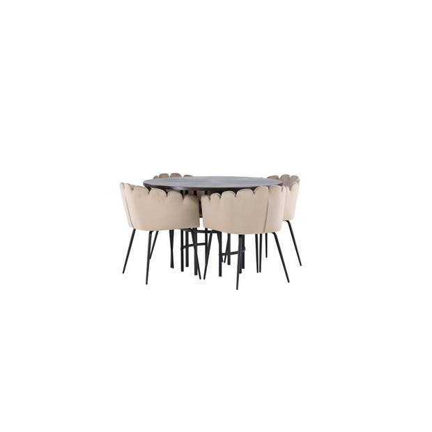 Copenhagen eethoek tafel mokka en 4 Limhamn stoelen beige.