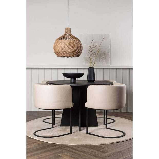 Bootcut eethoek tafel zwart en 4 Simrishamn stoelen beige.