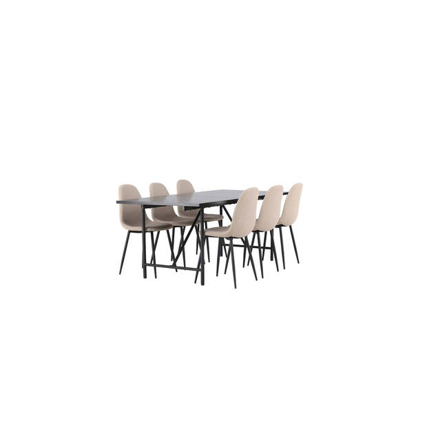 Astrid eethoek tafel zwart en 6 Polar stoelen beige.