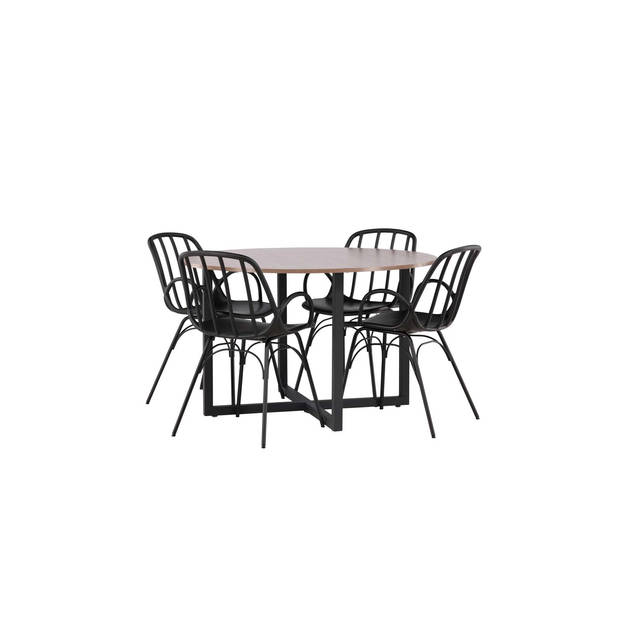 Durango eethoek tafel okkernoot decor en 4 Dyrön stoelen zwart.