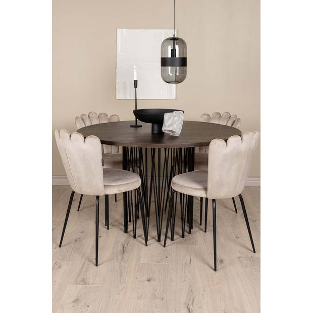 Stone eethoek tafel mokka en 4 Limhamn stoelen beige.