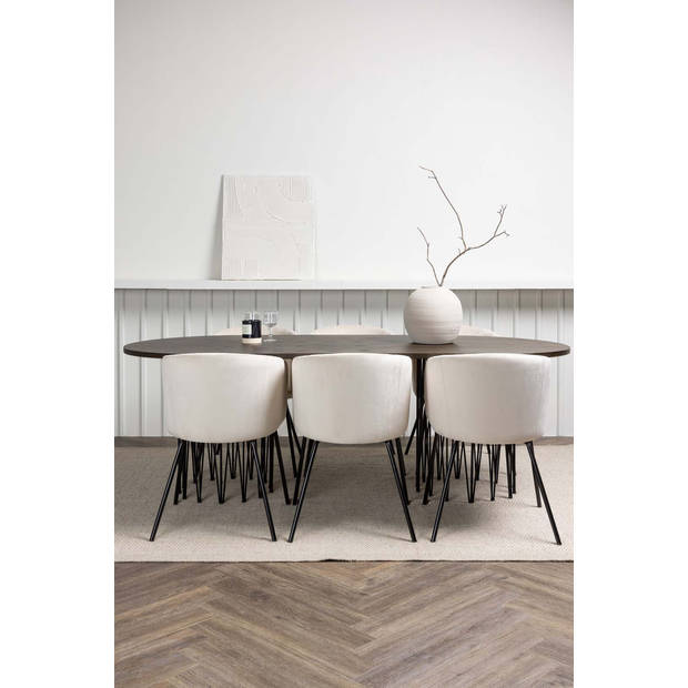 Stone eethoek tafel mokka en 6 berit stoelen beige.