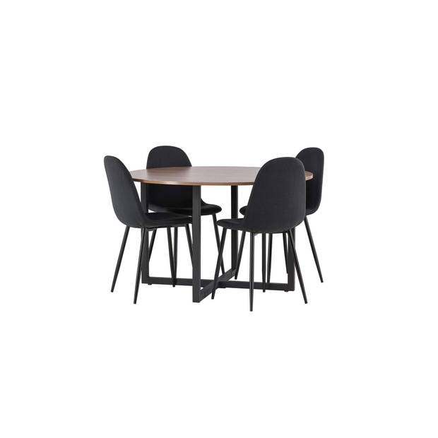 Durango eethoek tafel okkernoot decor en 4 Polar stoelen zwart.