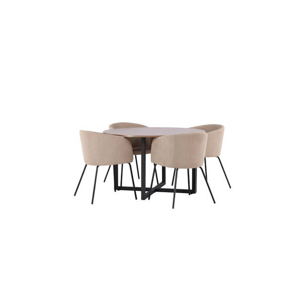 Durango eethoek tafel okkernoot decor en 4 berit stoelen beige.