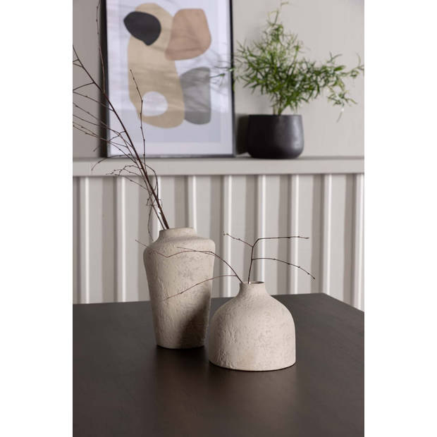 Kaseidon eethoek tafel bruin en 4 Rosie stoelen beige.