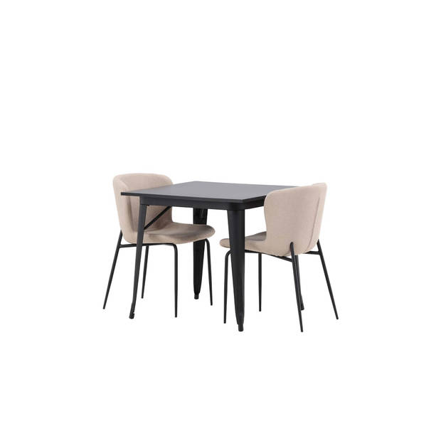 Tempe eethoek tafel zwart en 2 Modesto stoelen beige.