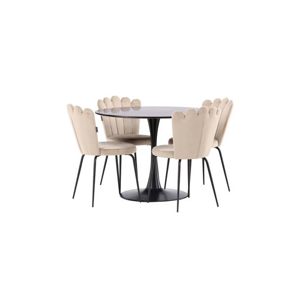 Glade eethoek tafel zwart en 4 Limhamn stoelen beige.