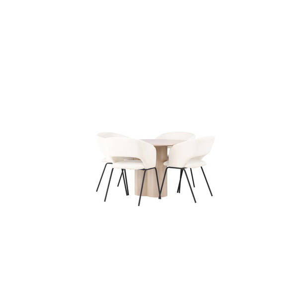 Olivia eethoek tafel whitewash en 4 Day stoelen offwhite.