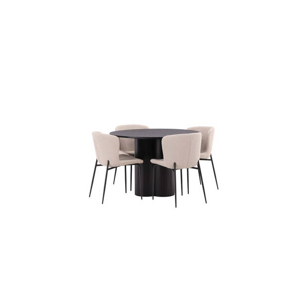 Olivia eethoek tafel zwart en 4 Modesto stoelen beige.