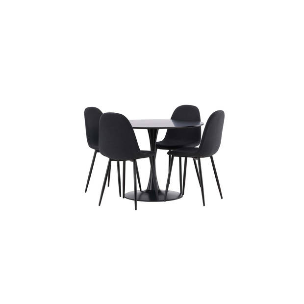 Glade eethoek tafel zwart en 4 Polar stoelen zwart.