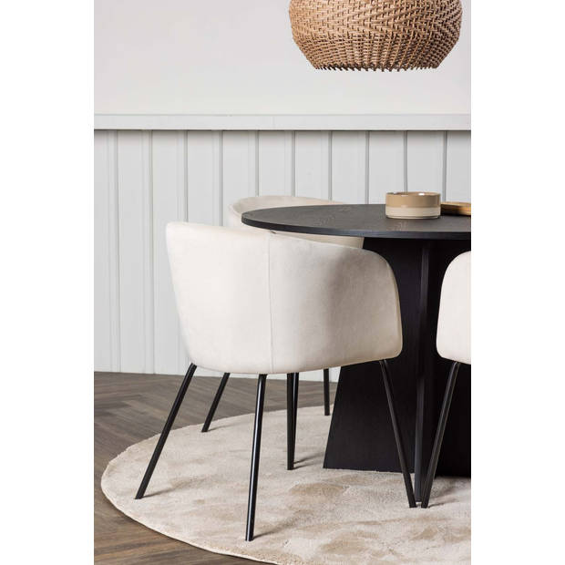 Bootcut eethoek tafel zwart en 4 berit stoelen beige.