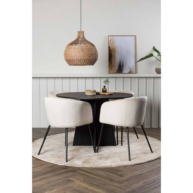 Bootcut eethoek tafel zwart en 4 berit stoelen beige.