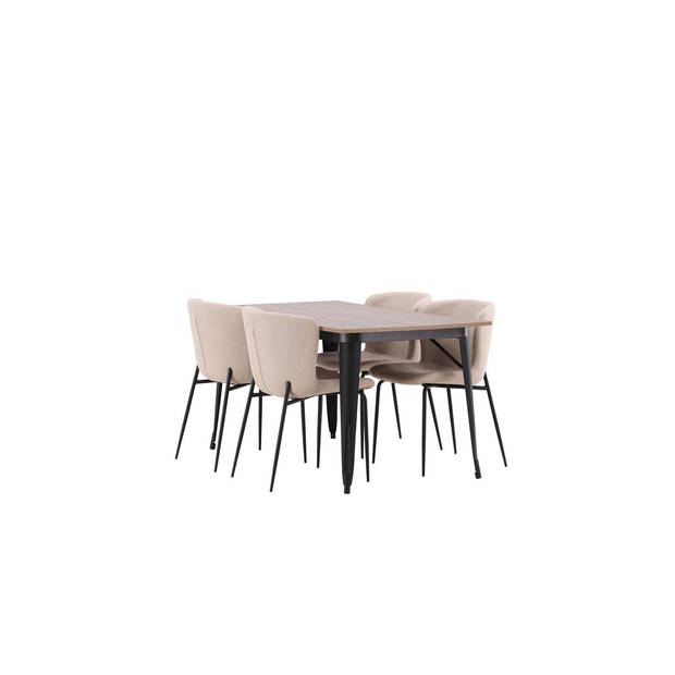 Tempe eethoek tafel okkernoot decor en 4 Modesto stoelen beige.