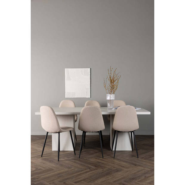 Olga eethoek tafel wit en 6 Polar stoelen beige.