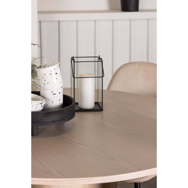 Olivia eethoek tafel whitewash en 4 Polar stoelen beige.