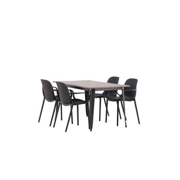Tempe eethoek tafel okkernoot decor en 4 baltimore stoelen zwart.