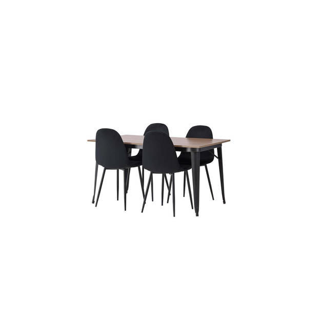Tempe eethoek tafel okkernoot decor en 4 Polar stoelen zwart.